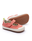 Pair of Tip Toey Joey Gaia Green Mary Janes in Lona Salmao, baby first walker shoes