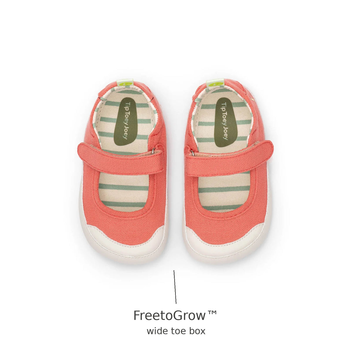 Top view of Tip Toey Joey Gaia Green Mary Janes in Lona Salmao showing the wide FreetoGrow toe box