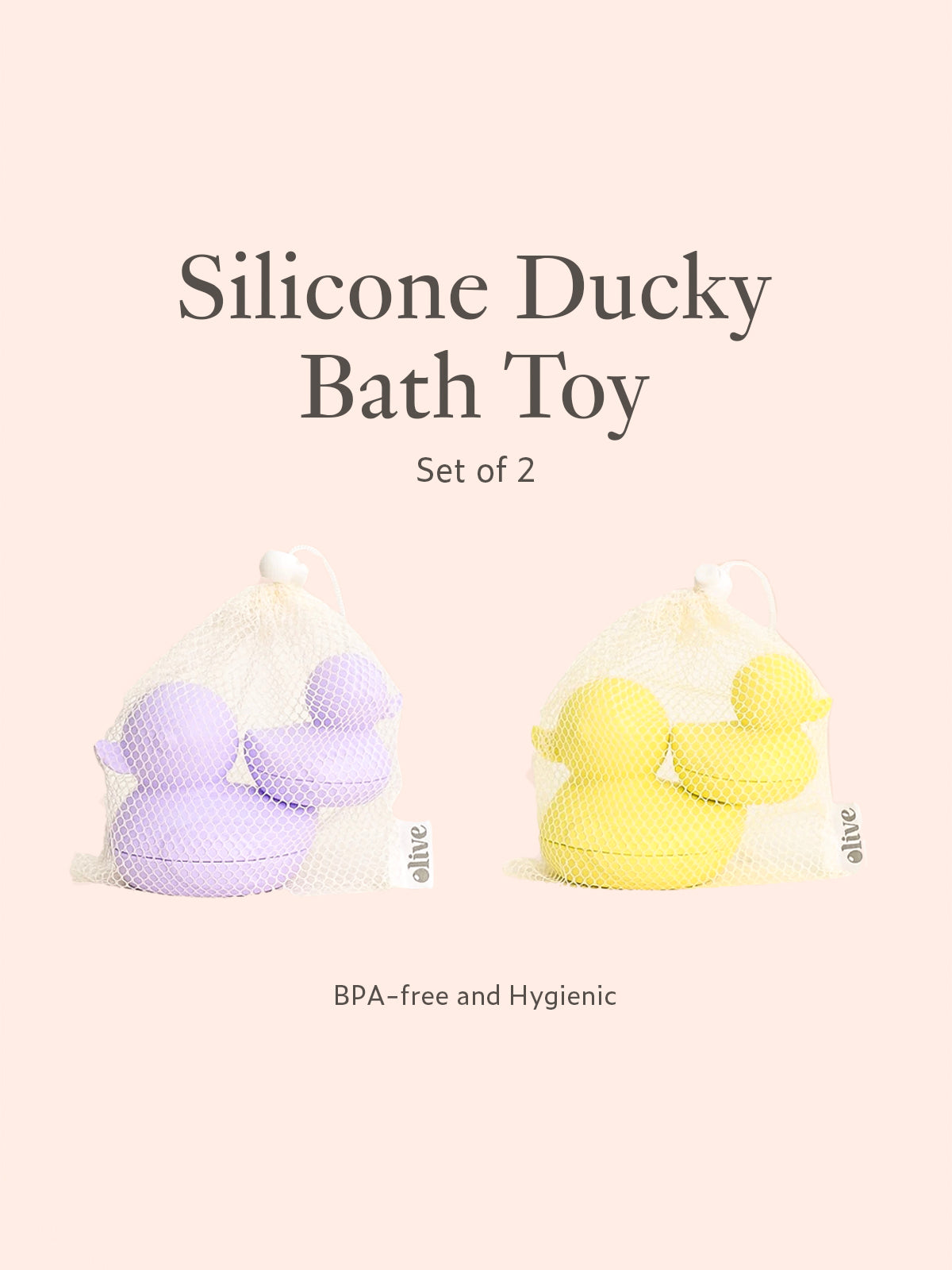 Two pairs of silicone rubber ducks in light purple and bright yellow, each pair packaged in a small mesh drawstring bag.