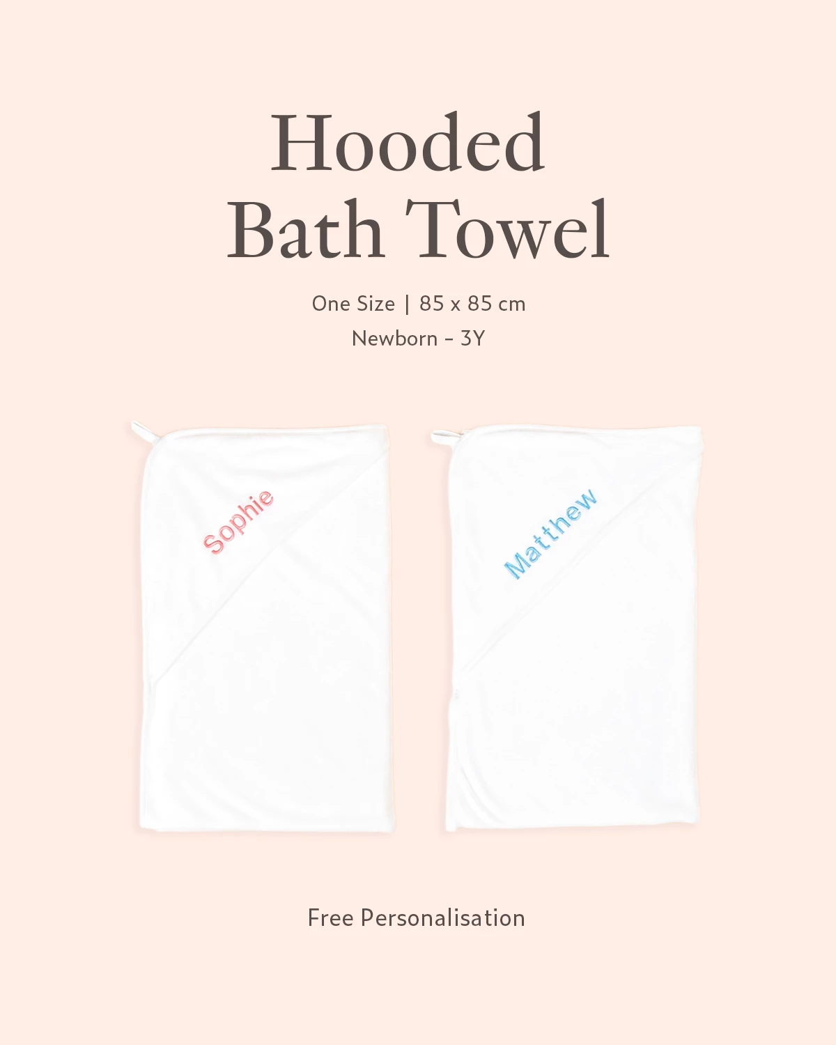 Personalised hooded baby towels with embroidered names in pink and blue for newborn to 3 years old 