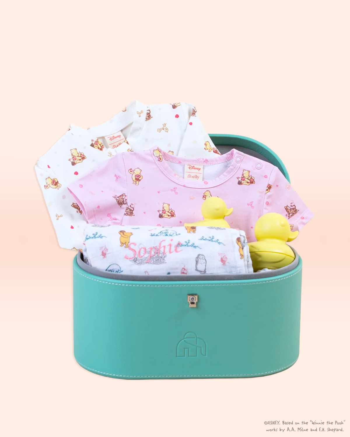 Baby clothing, blanket and bath toys in  turquoise gift box 