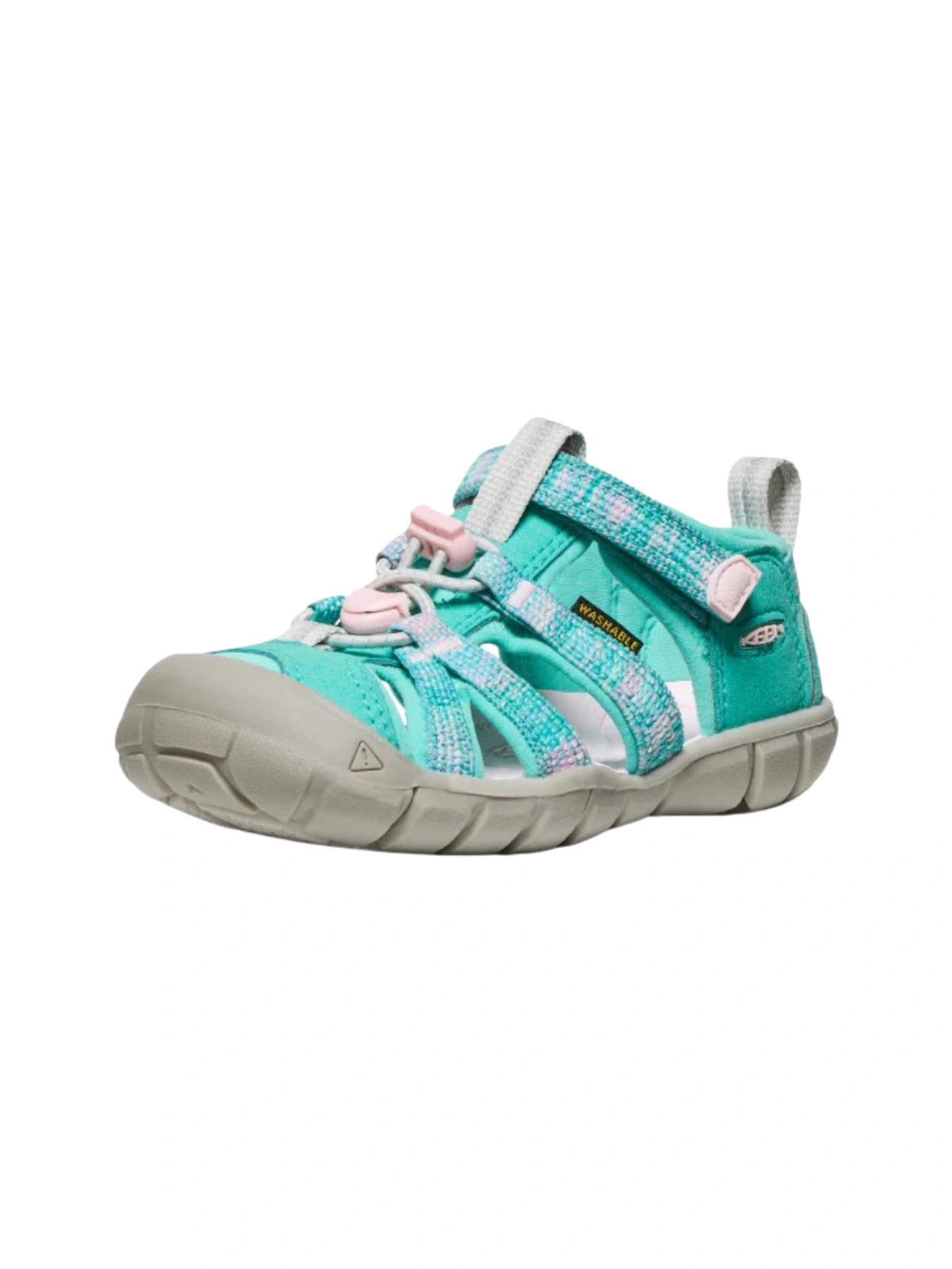 Low-profile side view of the Bright Aqua hybrid sandal, highlighting the flexible CNX sole and the pink-lined adjustable ankle strap.