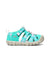 Side profile of the KEEN Seacamp II CNX in Bright Aqua, featuring a vibrant teal upper with pink and white striped webbing and a tan rubber outsole.