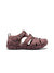 Side view of a mauve-colored KEEN brand waterproof sports sandal for children, featuring a durable rubber toe bumper, adjustable bungee laces, and a secure heel strap.