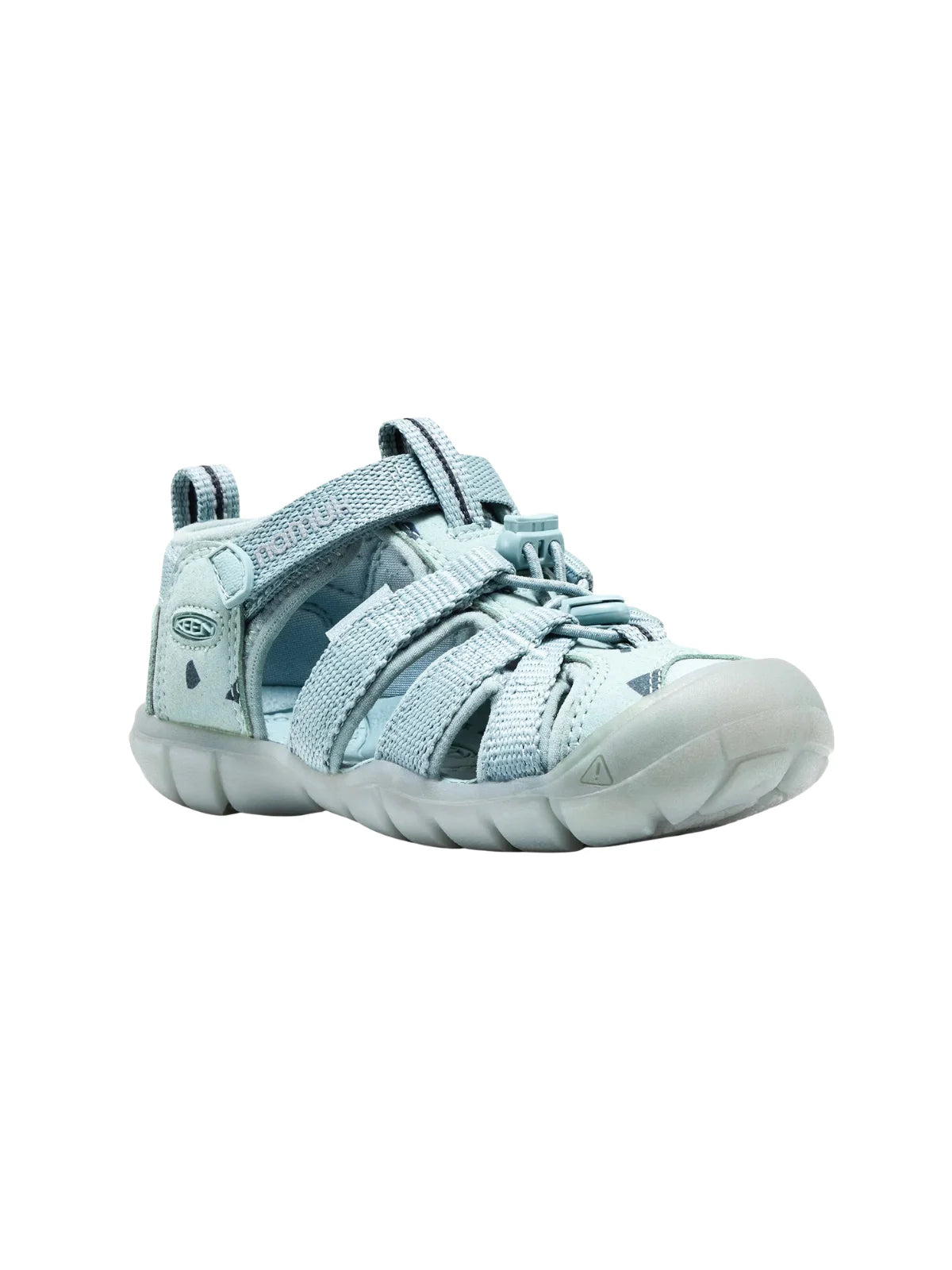 Three-quarter front view of the Ice Blue water sandal highlighting the protective grey rubber toe bumper and secure bungee laces.