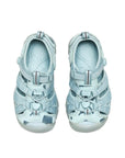 Overhead view of the Ice Blue sandals, showcasing the cushioned metatomical footbed and the wide, comfortable fit for growing feet.