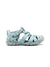 Side profile of the Ice Blue KEEN Seacamp II CNX little kids' sandal, showing the low-profile flexible sole and light blue waterproof webbing.