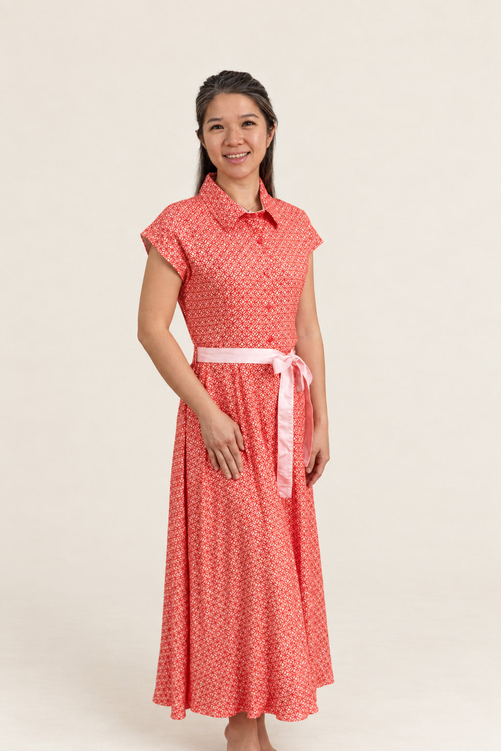 Ladies Shirly Dress - Peach Red Mosaic