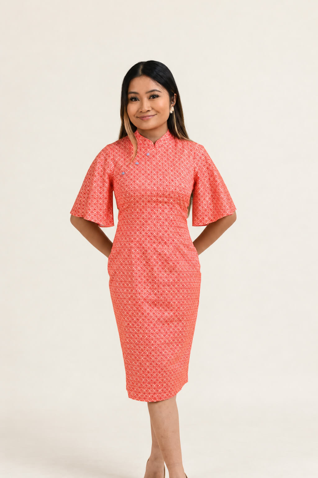 Ladies Renee Cheongsam - Peach Red Mosaic