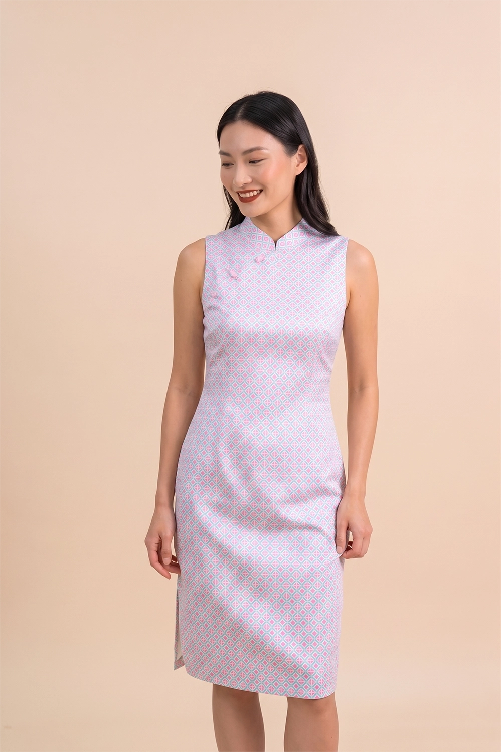 Ladies Mini Peony Cheongsam - Pink Teal Mosaic