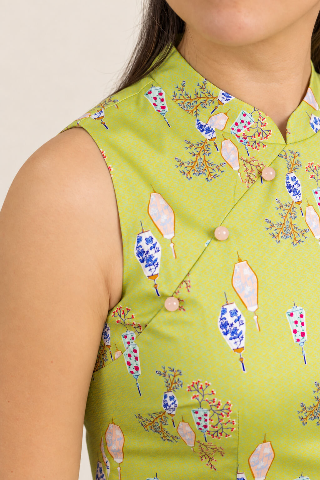 Ladies Mini Peony Cheongsam - Yellow Floral Lanterns