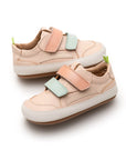Angled view of a pair of Tip Toey Joey Landy Sneakers in Papaya Cream / Mint / Flamingo