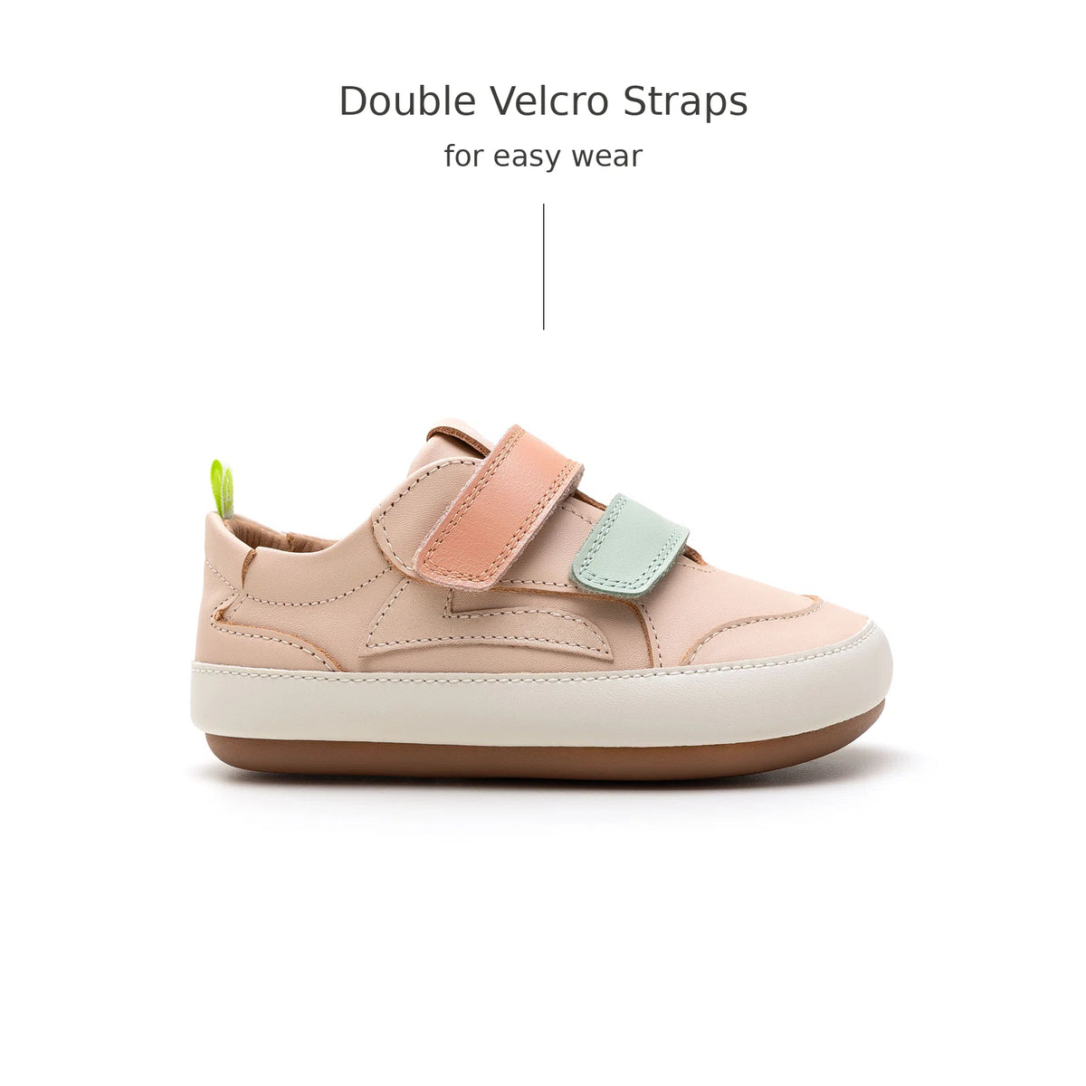 Side view of Tip Toey Joey Landy Sneakers in Papaya Cream / Mint / Flamingo with double velcro straps
