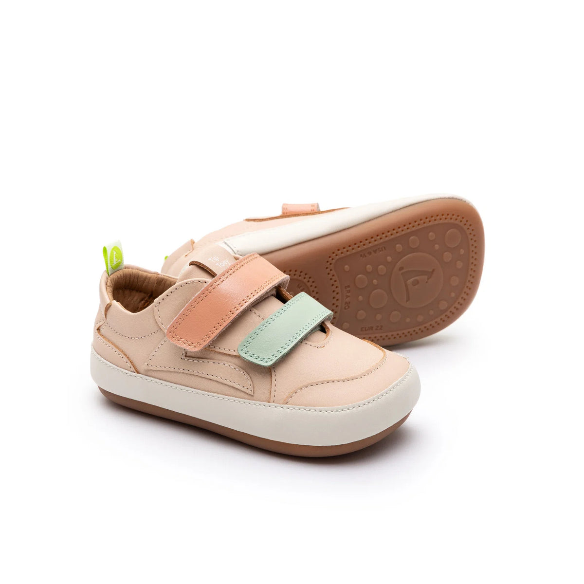 Pair of Tip Toey Joey Landy Sneakers in Papaya Cream / Mint / Flamingo, baby first walker shoes
