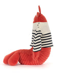 Plush toy lobster wearing a striped shirt on a white background