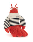 Plush toy lobster with a striped shirt on a white background