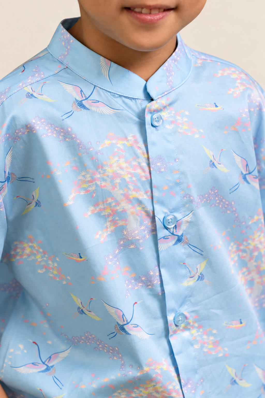 Mandarin-collared Shirt - Blue Cranes