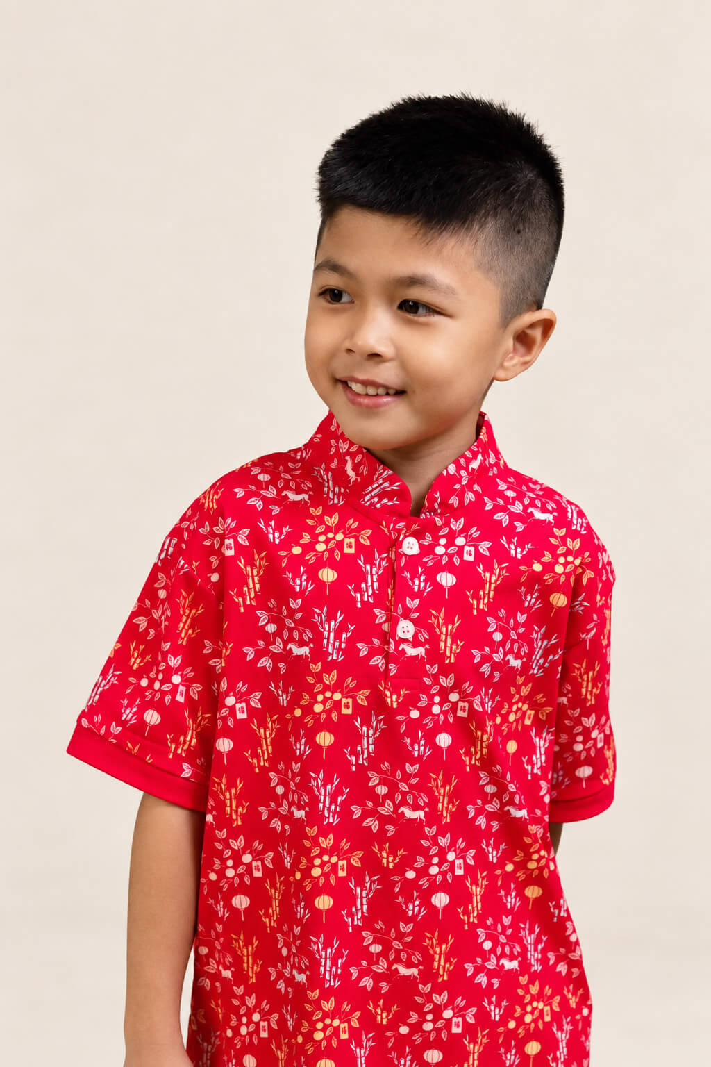 Mandarin-collared Polo Tee - Red Floral Bamboo