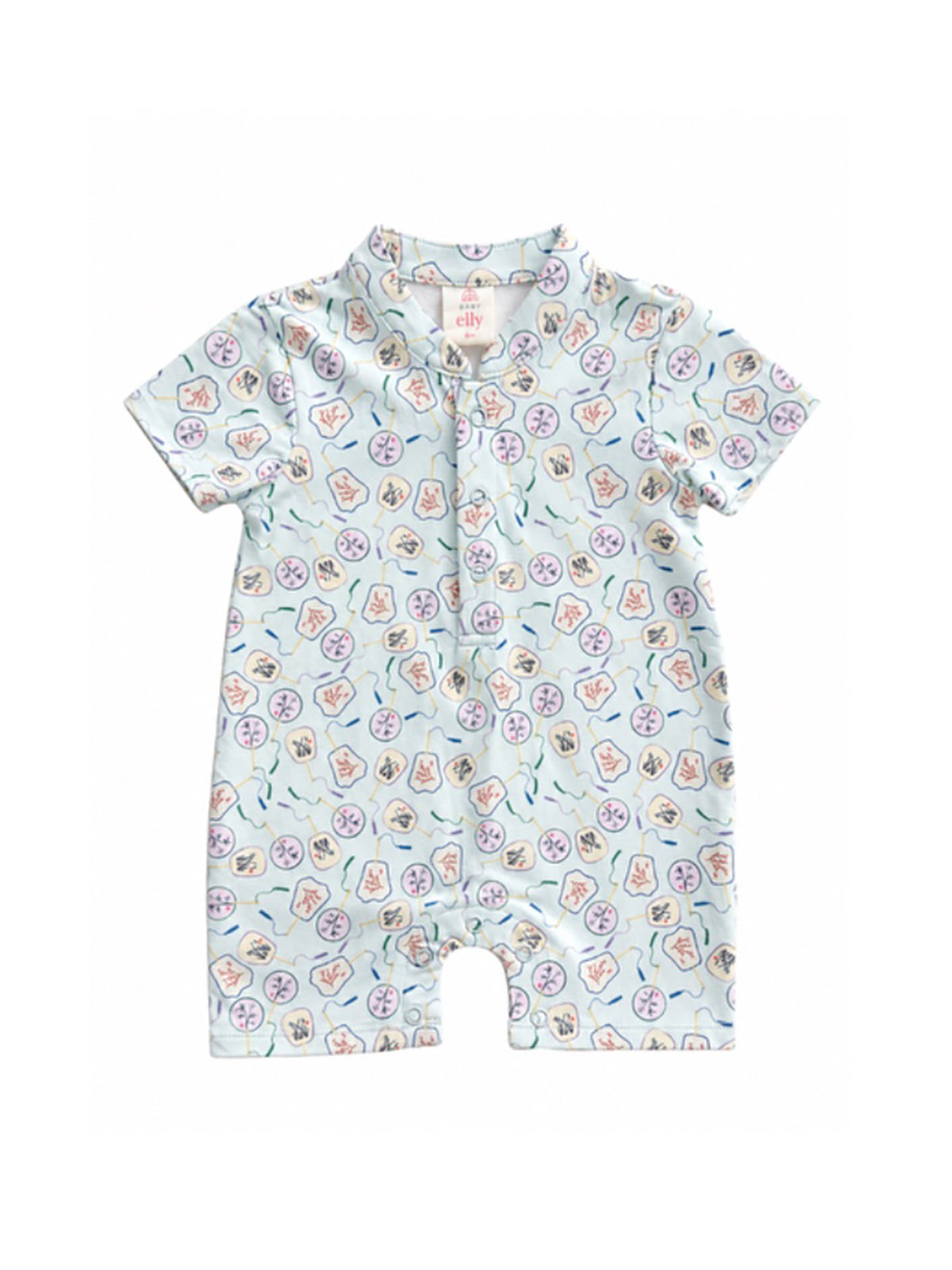 Mandarin-collared Polo Romper - Blue Fans