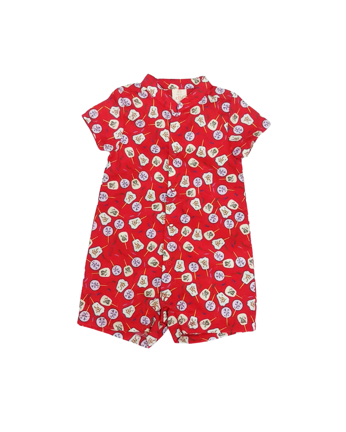 Mandarin-collared Romper - Red Fans