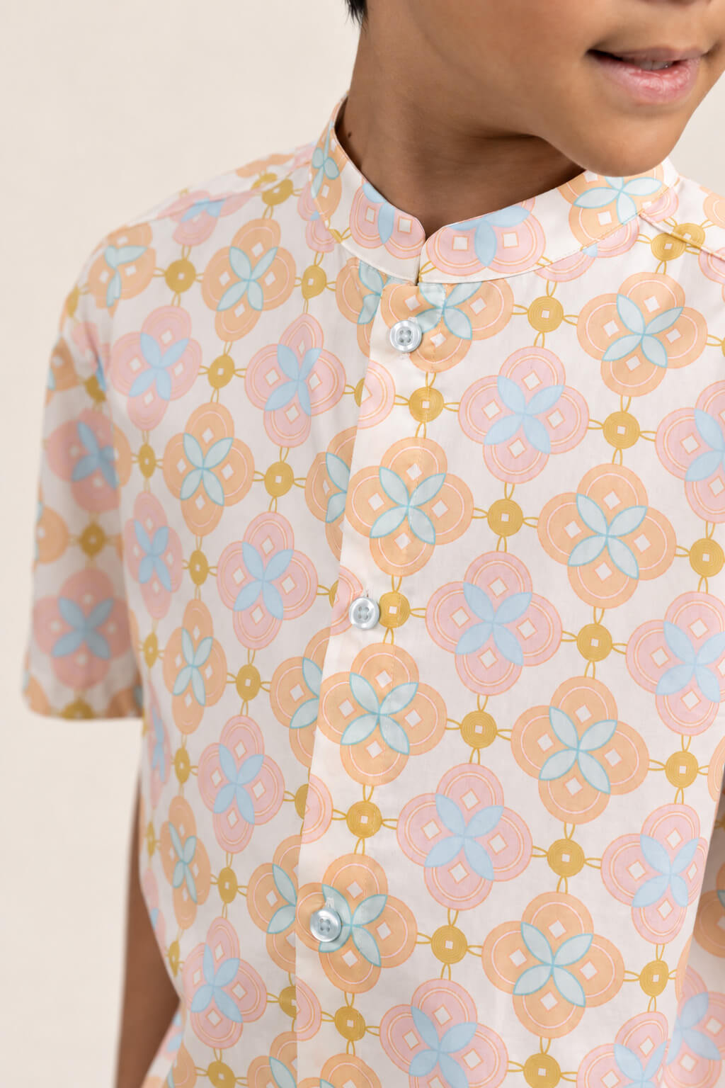 Mandarin-collared Shirt - Cream Lucky Coins