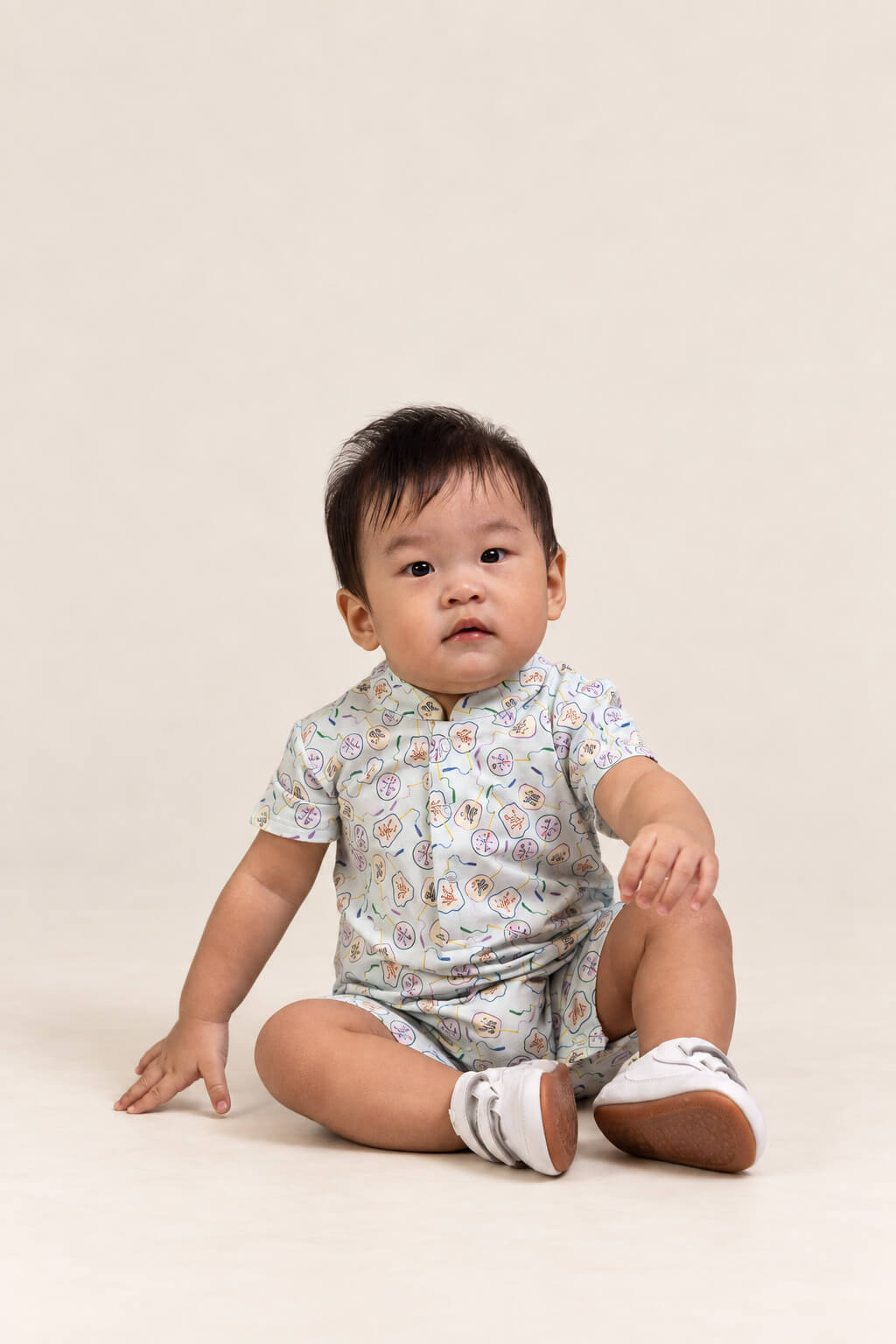 Mandarin-collared Polo Romper - Blue Fans