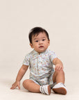Mandarin-collared Polo Romper - Blue Fans
