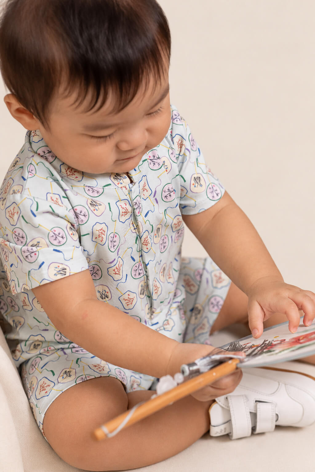 Mandarin-collared Polo Romper - Blue Fans