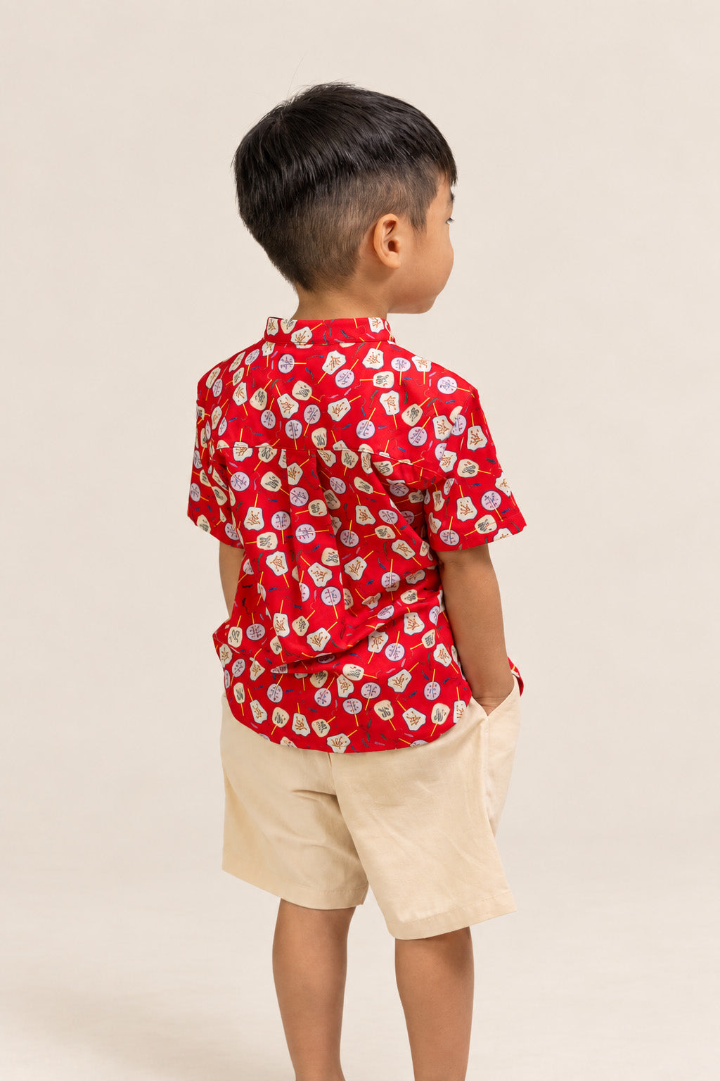 Mandarin-collared Shirt Red Fans back