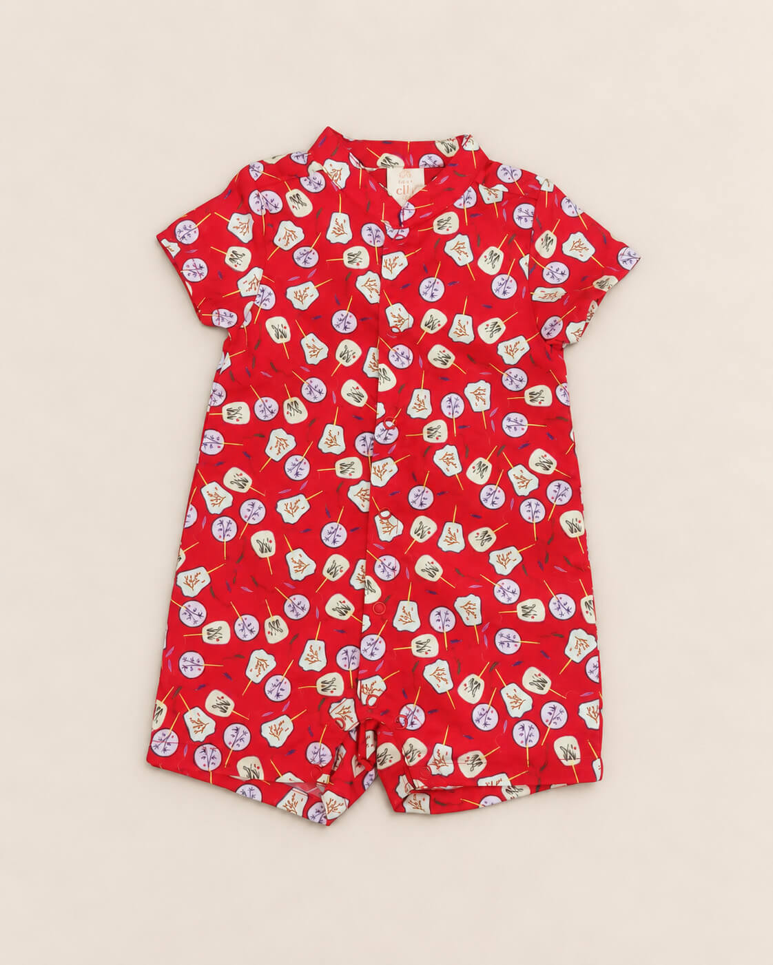 Mandarin-collared Romper - Red Fans