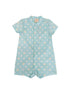 Mandarin-collared Romper - Teal Plaid Tiles