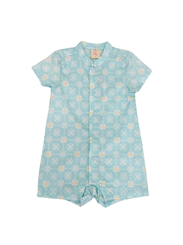Mandarin-collared Romper - Teal Plaid Tiles
