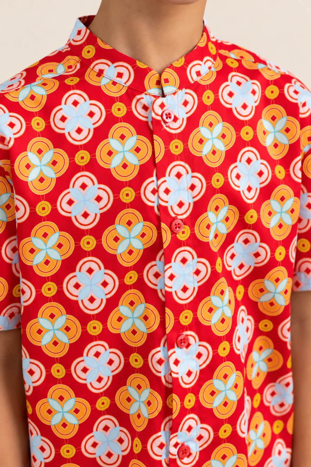 Mandarin-collared Shirt - Red Lucky Coins closeup