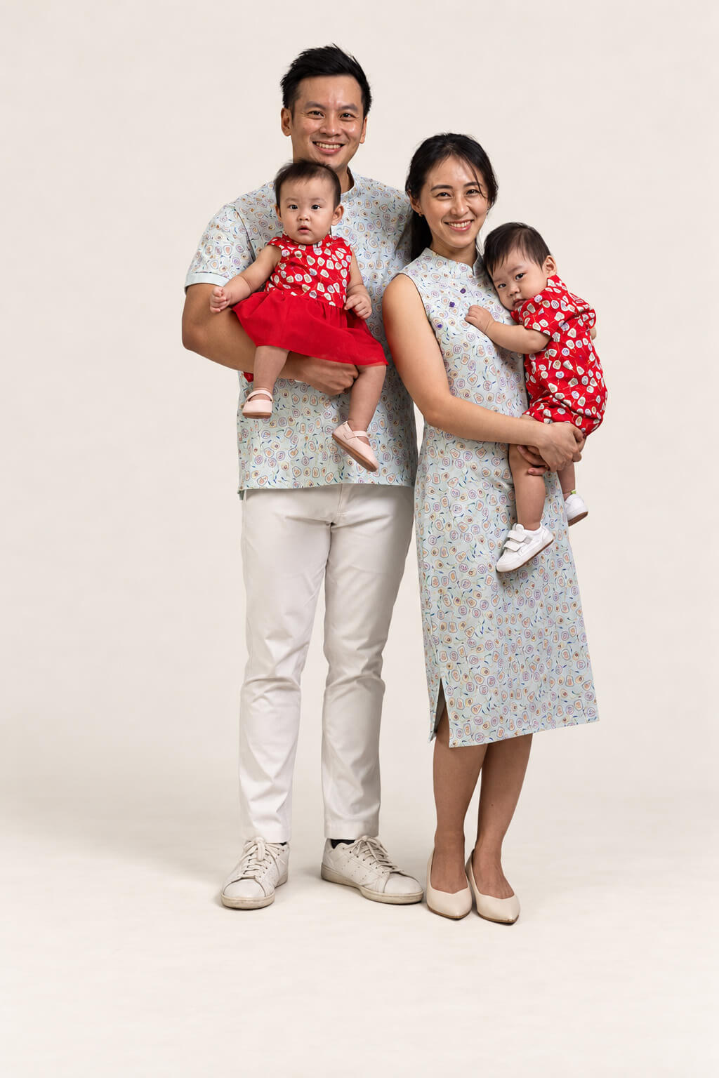 Mandarin-collared Romper - Red Fans
