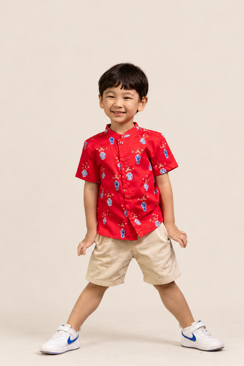 Mandarin-collared Shirt - Red Vases