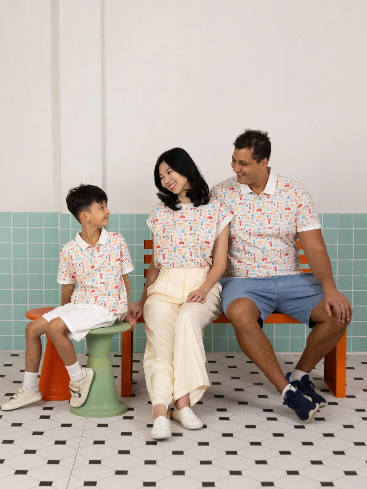 Matching family outfits in Childhood Games print by Elly.