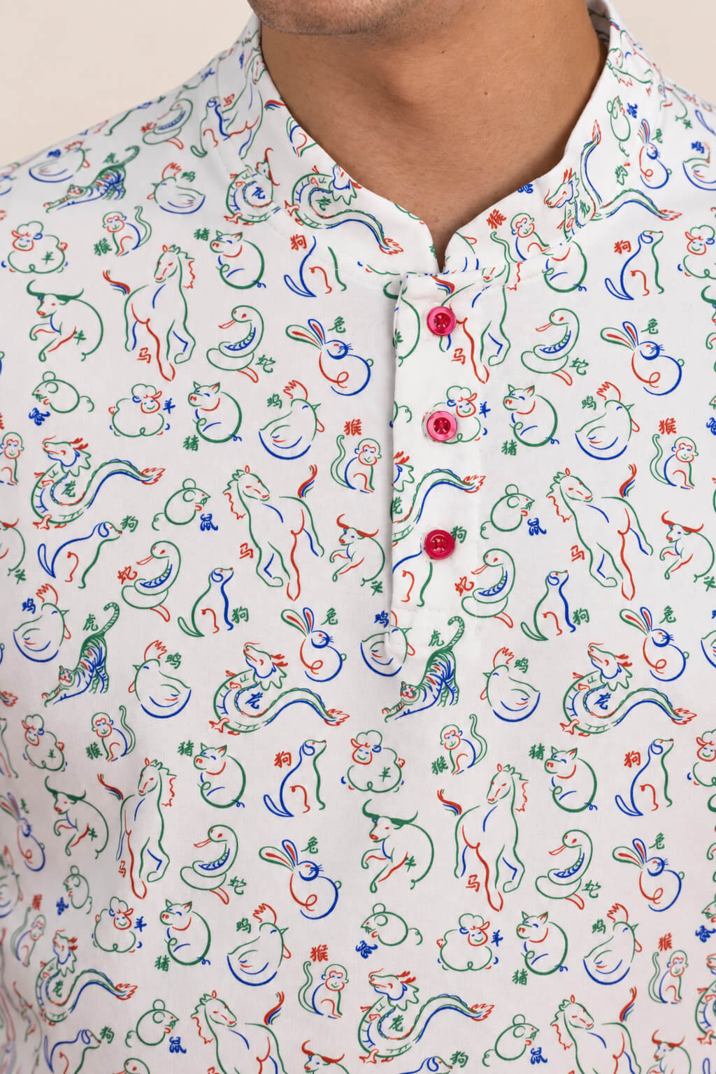 Men's Mandarin-collared Polo Tee - Zodiac Mahjong
