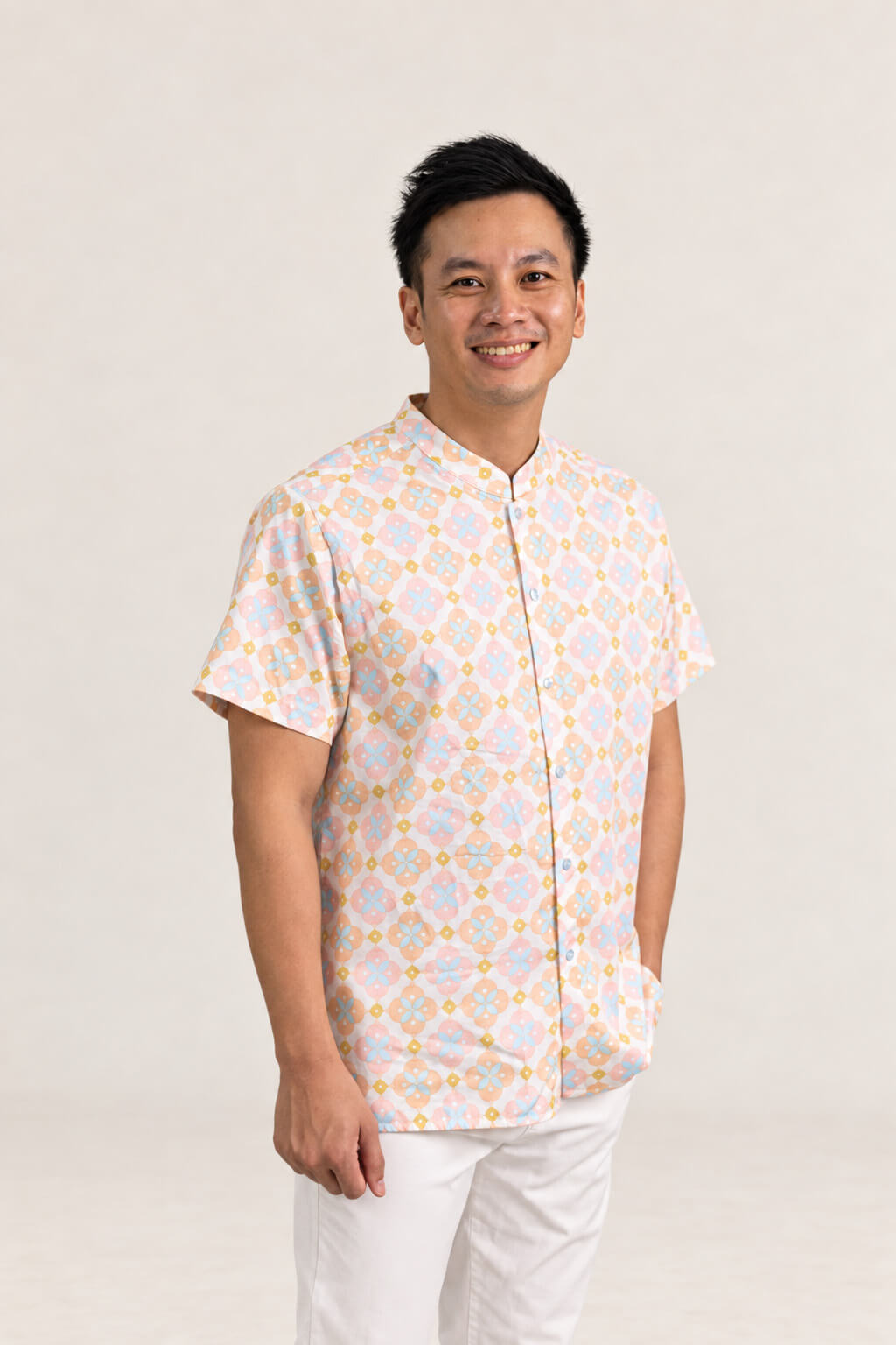 Men's Mandarin-collared Shirt - Cream Lucky Coins