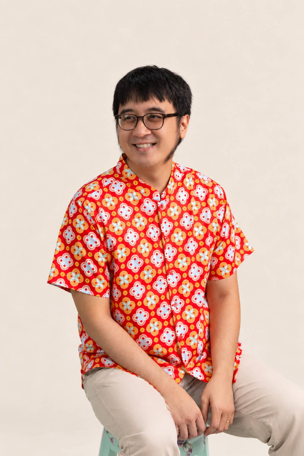 Men's Mandarin-collared Shirt - Red Lucky Coins