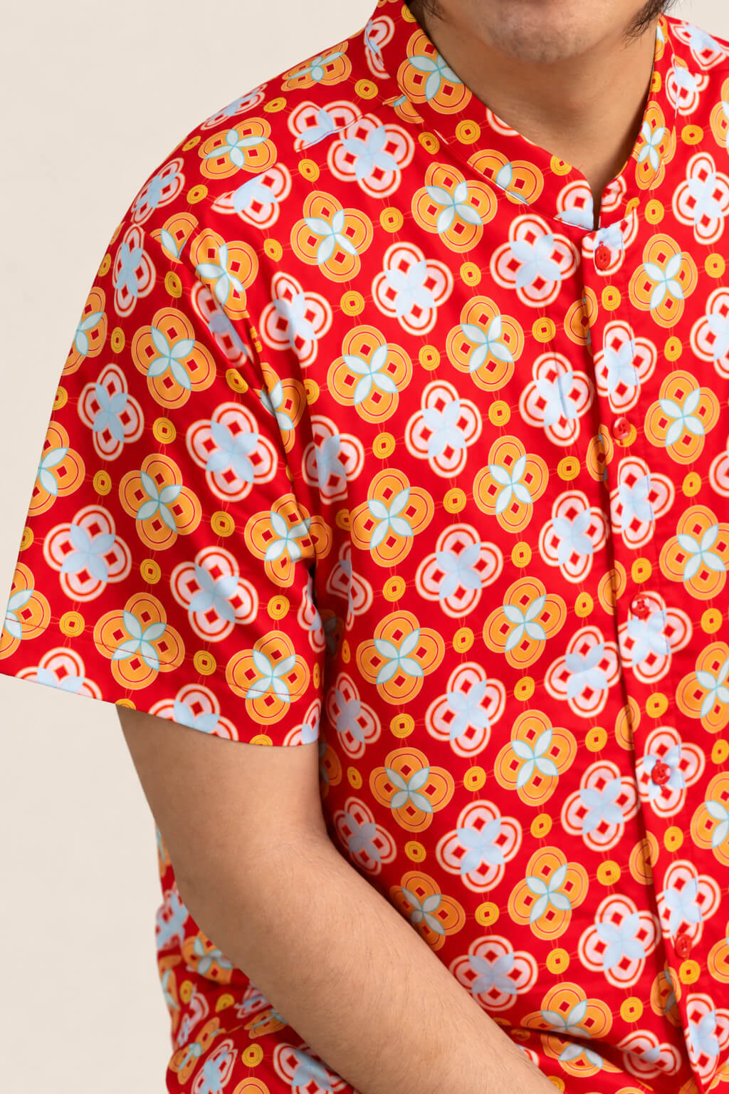 Men's Mandarin-collared Shirt - Red Lucky Coins closeup