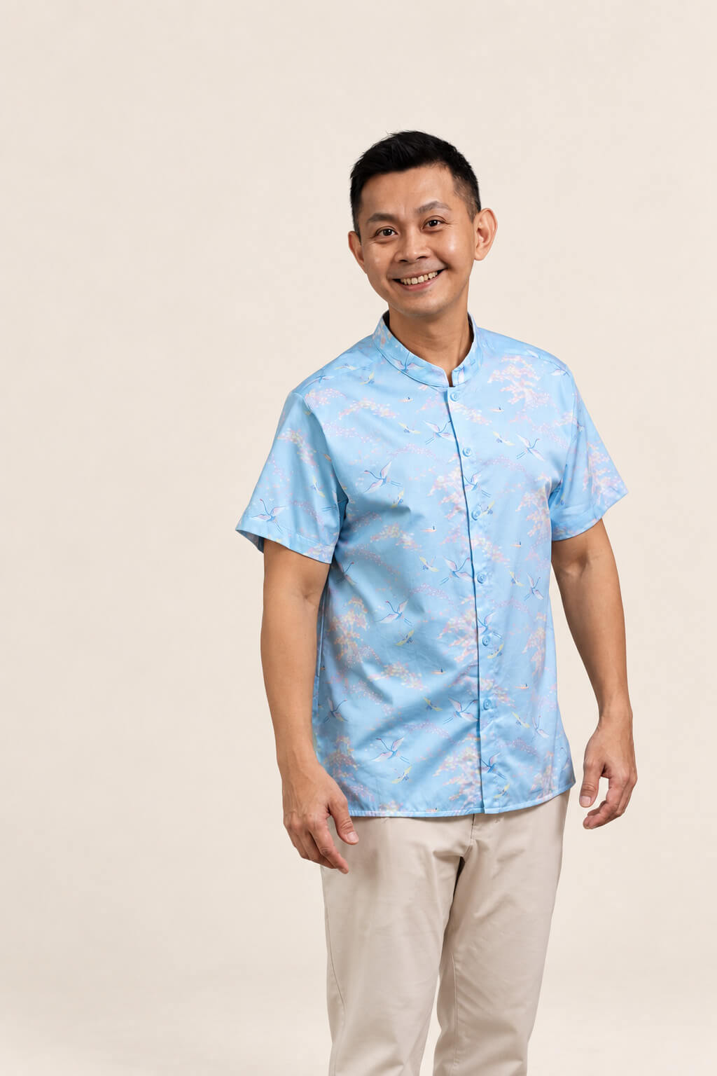 Men's Mandarin-collared Shirt - Blue Cranes