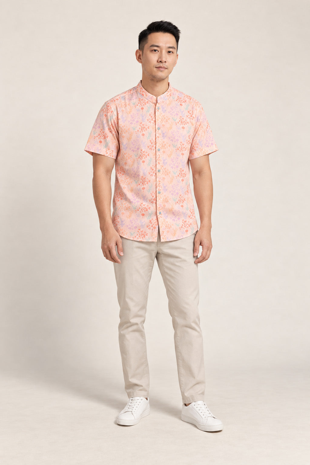 Men's Mandarin-collared Shirt - Pink Floral Bamboo