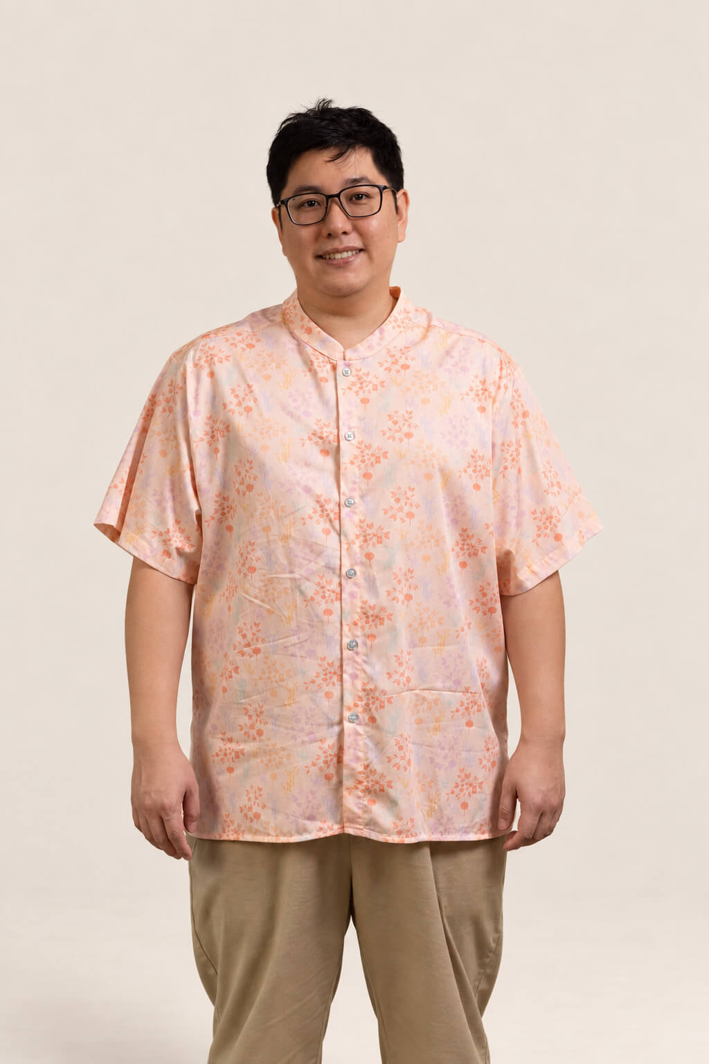 Men's Mandarin-collared Shirt - Pink Floral Bamboo