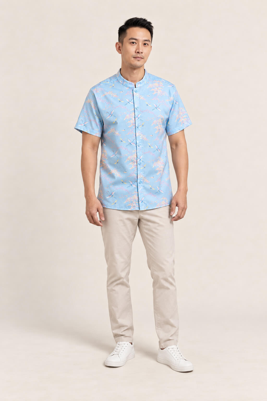 Men's Mandarin-collared Shirt - Blue Cranes