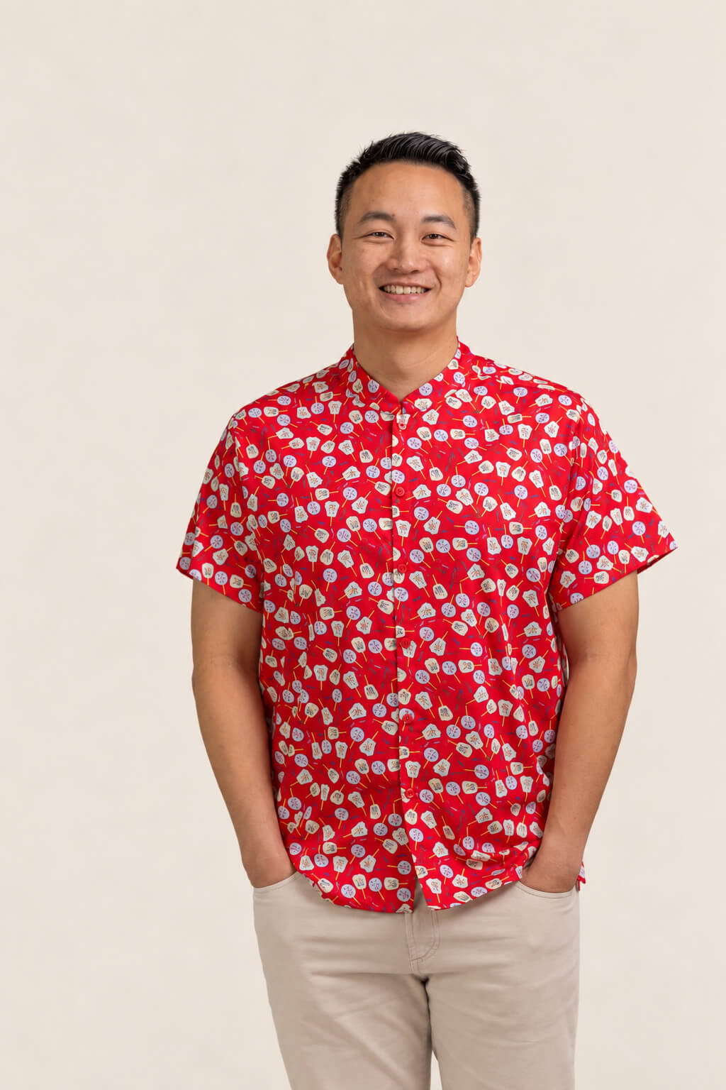 Men's Mandarin-collared Shirt - Red Fans