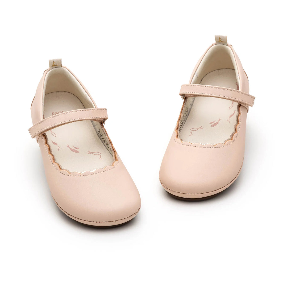 Angled view of a pair of Tip Toey Joey Misty in Papaya Cream / Metallic Salmon