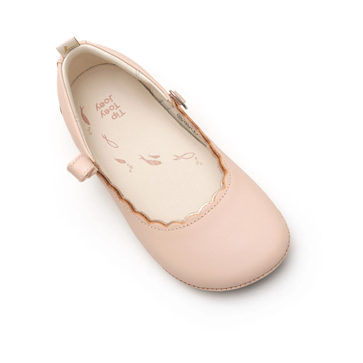 Side view of Tip Toey Joey Misty in Papaya Cream / Metallic Salmon