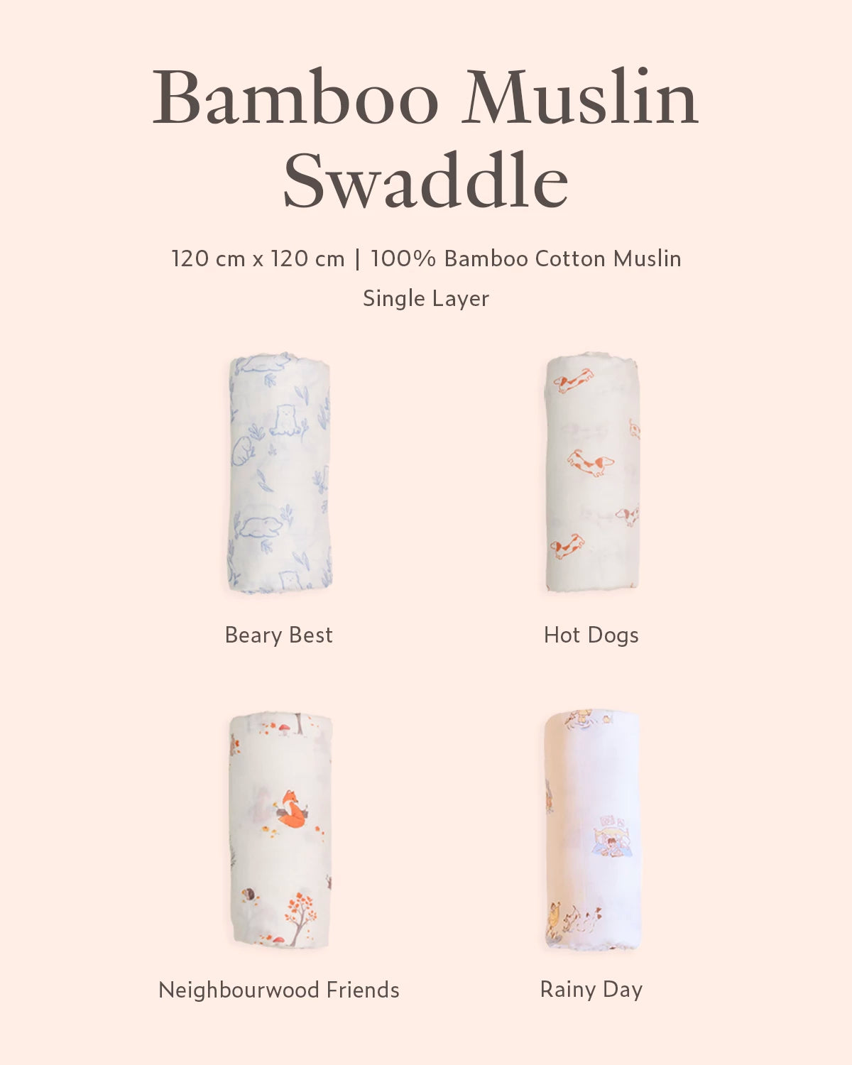 Four bamboo muslin swaddles with different patterns in beary best, hot dogs, neighbourwood friends, rainy day