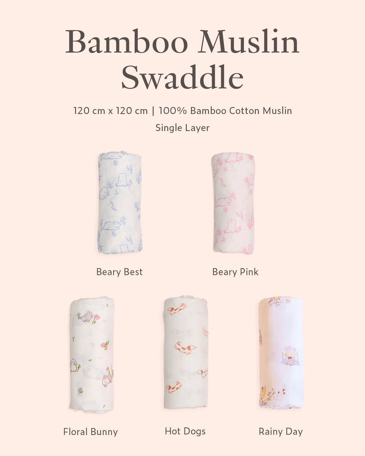 Bamboo Muslin Swaddle in beary best, beary pink, floral bunny, hot dogs and rainy day design 