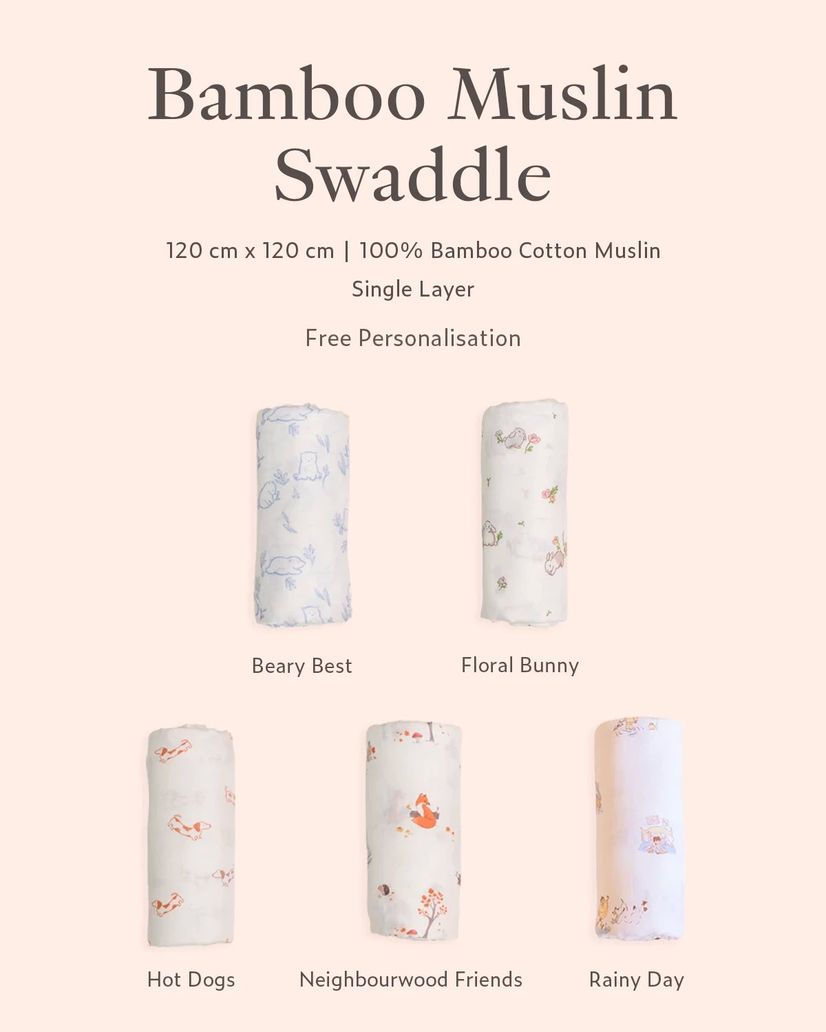 free personalisation bamboo muslin swaddles in beary best, floral bunny, hot dogs, neighbourhood friends, rainy day options 